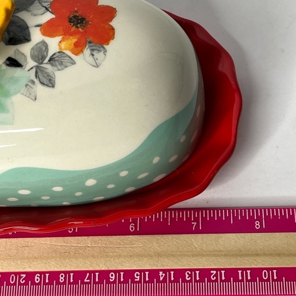 The Pioneer Woman Flea Market Butterfly Butter Dish Floral Red Yellow Stoneware - Picture 5 of 6